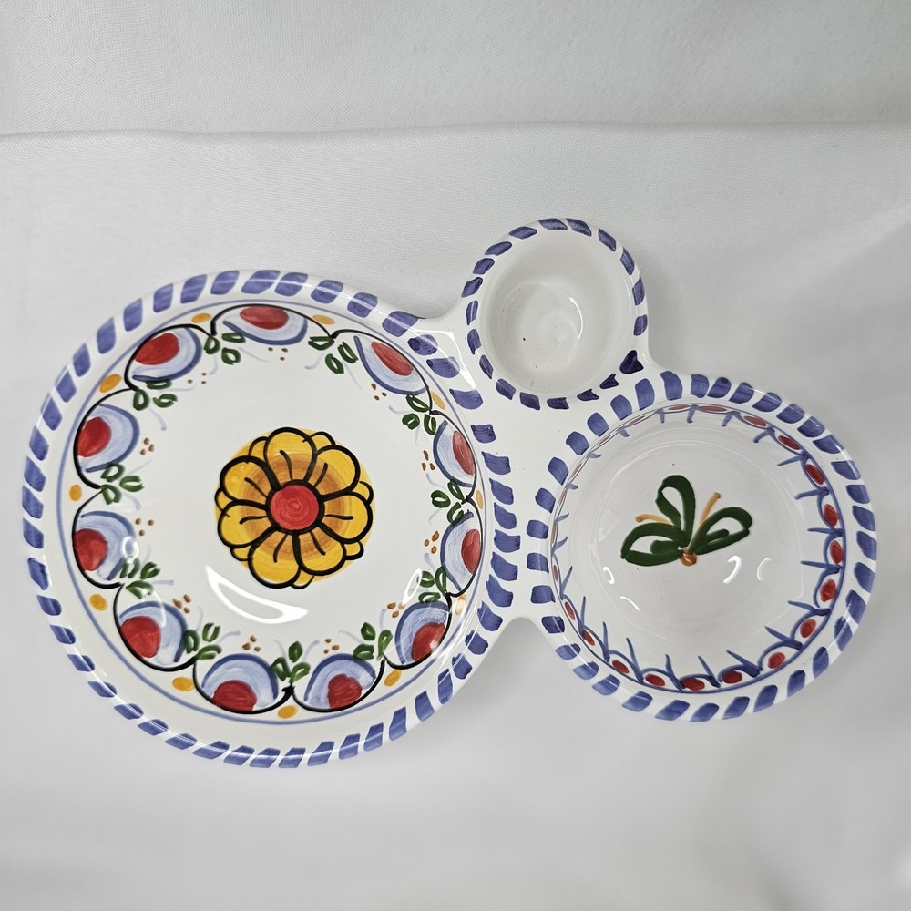 Ceramic Olive Serving Dish Handmade in Spain w/Orange Flower & Blue Designs